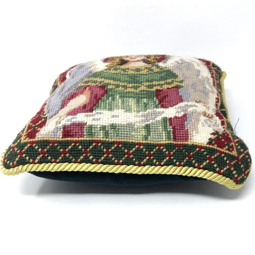 Vintage Victorian Angel Handmade Wool Needlepoint Pillow 9” Green Velvet Back